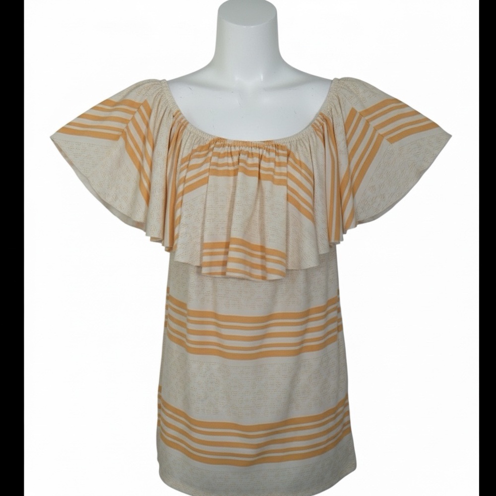 LuLaRoe Alana Yellow Stripe Flounce Ruffle Sleeve Top NWT Medium